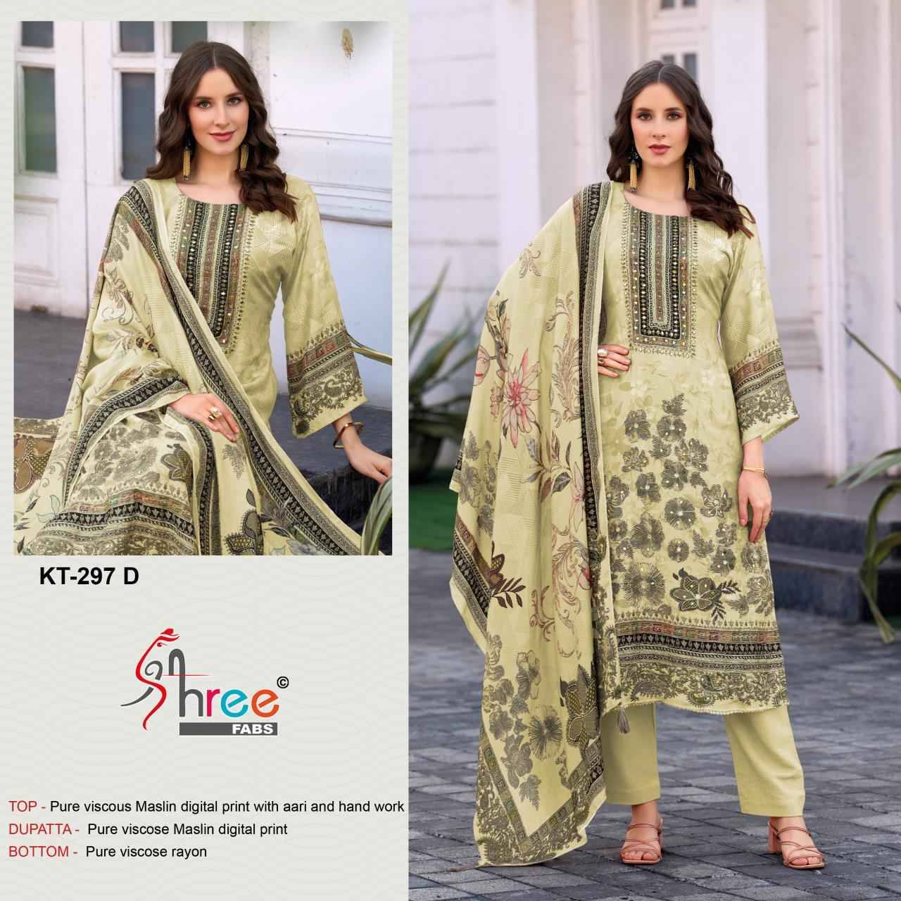 KT - 297 By Shree Fab Pakistani Stylish Beautiful Colourful Printed & Embroidered Party Wear & Occasional Wear Pure Viscous Maslin Dresses At Wholesale Price